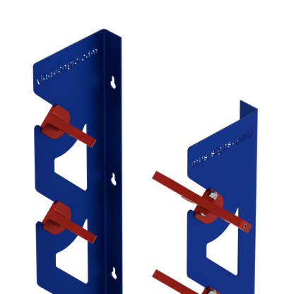 2-Pack Wall Mounted Vinyl Roll Storage Racks – Blue Aluminum with Red ABS Swivel Arms, Holds 10 Rolls Total, Space-Saving Organizer for Print Shops, Studios & Craft Rooms