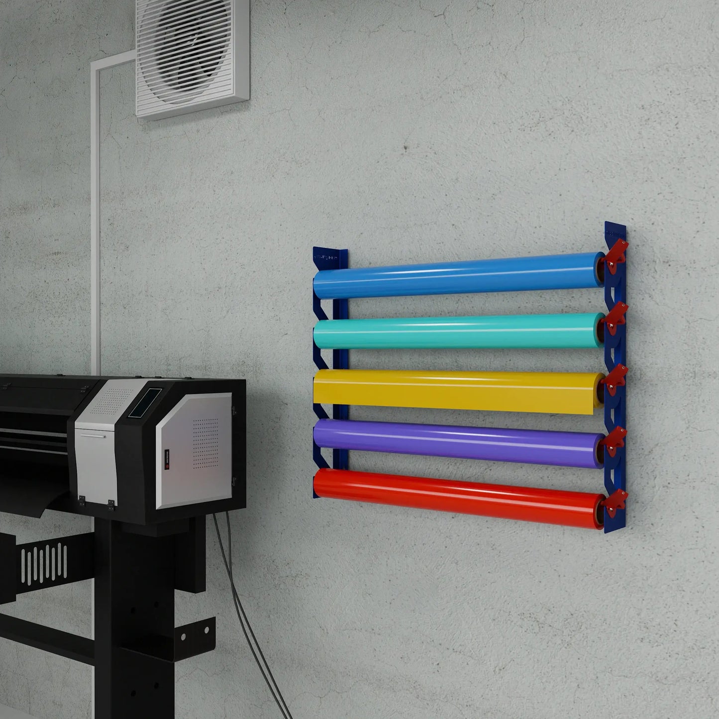 2-Pack Wall Mounted Vinyl Roll Storage Racks – Blue Aluminum with Red ABS Swivel Arms, Holds 10 Rolls Total, Space-Saving Organizer for Print Shops, Studios & Craft Rooms