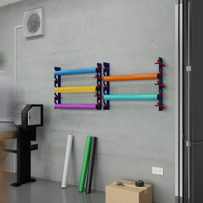 2-Pack Wall Mounted Vinyl Roll Storage Racks – Blue Aluminum with Red ABS Swivel Arms, Holds 10 Rolls Total, Space-Saving Organizer for Print Shops, Studios & Craft Rooms