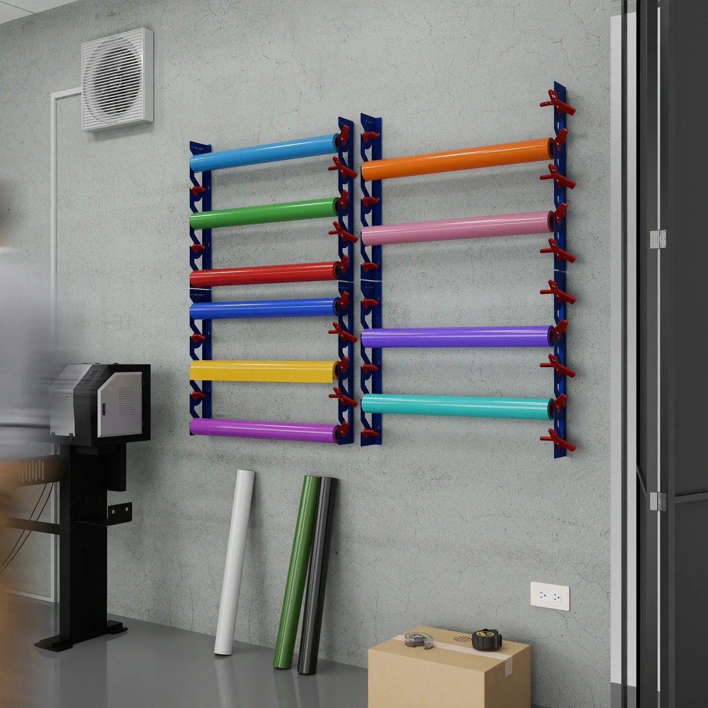 2-Pack Wall Mounted Vinyl Roll Storage Racks – Blue Aluminum with Red ABS Swivel Arms, Holds 10 Rolls Total, Space-Saving Organizer for Print Shops, Studios & Craft Rooms