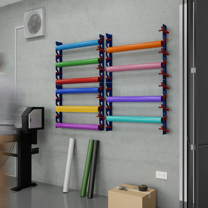 2-Pack Wall Mounted Vinyl Roll Storage Racks – Blue Aluminum with Red ABS Swivel Arms, Holds 10 Rolls Total, Space-Saving Organizer for Print Shops, Studios & Craft Rooms