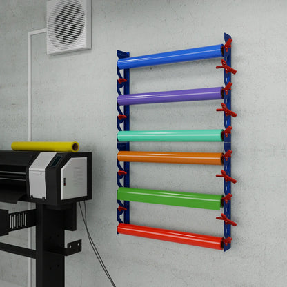 2-Pack Wall Mounted Vinyl Roll Storage Racks – Blue Aluminum with Red ABS Swivel Arms, Holds 10 Rolls Total, Space-Saving Organizer for Print Shops, Studios & Craft Rooms