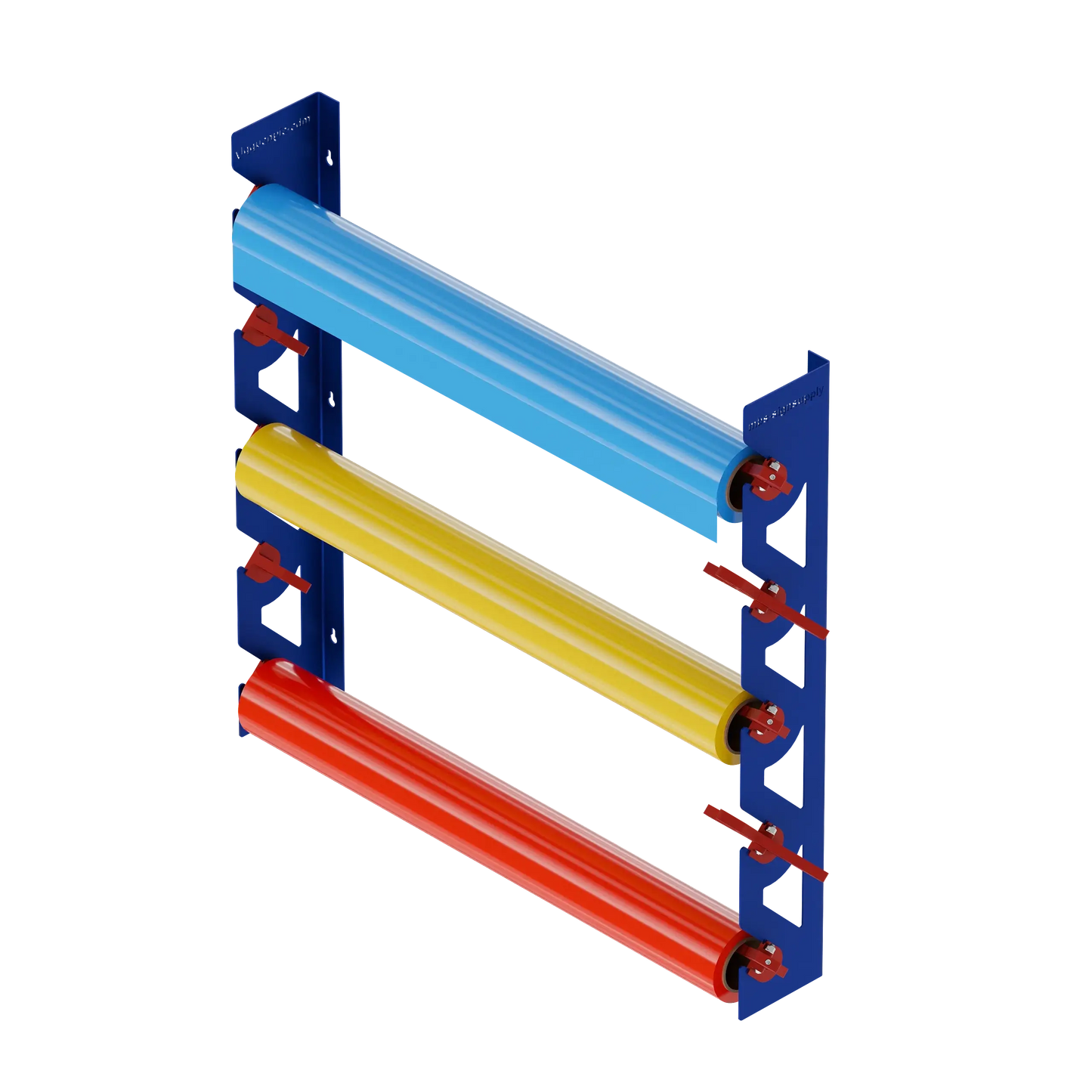 Blue Aluminum Wall Mounted Vinyl Roll Storage Rack with Red V-Bracket ABS Plastic Swivel Arm – Holds 5 Vinyl Rolls, Space-Saving Organizer for Studios & Print Shops