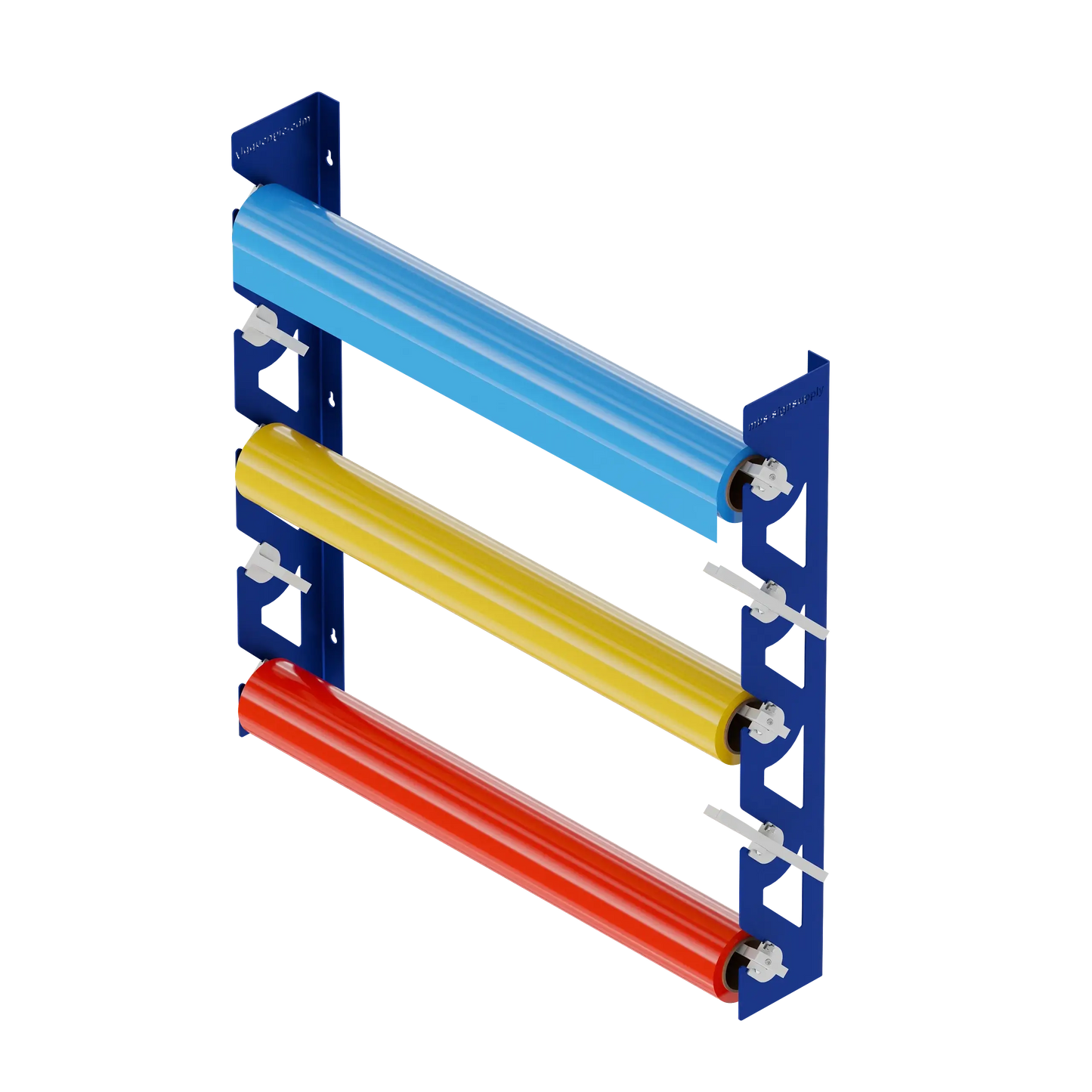 Blue Aluminum Wall Mounted Vinyl Roll Storage Rack with White V-Bracket ABS Plastic Swivel Arm – Holds 5 Vinyl Rolls, Space-Saving Organizer for Studios & Print Shops