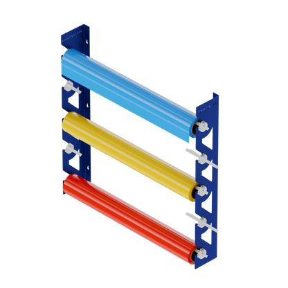 Blue Aluminum Wall Mounted Vinyl Roll Storage Rack with White V-Bracket ABS Plastic Swivel Arm – Holds 5 Vinyl Rolls, Space-Saving Organizer for Studios & Print Shops