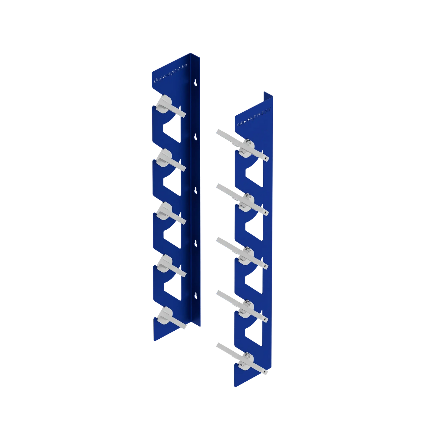 Blue Aluminum Wall Mounted Vinyl Roll Storage Rack with White V-Bracket ABS Plastic Swivel Arm – Holds 5 Vinyl Rolls, Space-Saving Organizer for Studios & Print Shops