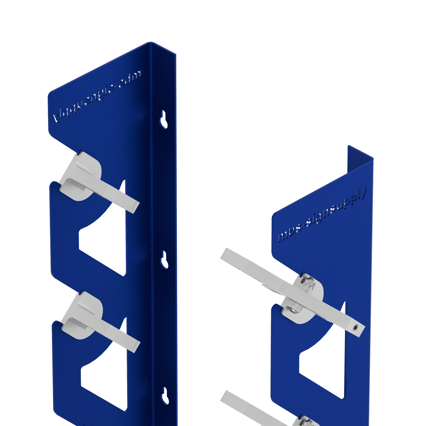 Blue Aluminum Wall Mounted Vinyl Roll Storage Rack with White V-Bracket ABS Plastic Swivel Arm – Holds 5 Vinyl Rolls, Space-Saving Organizer for Studios & Print Shops