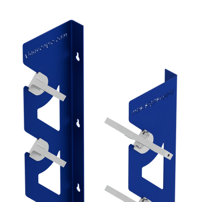 Blue Aluminum Wall Mounted Vinyl Roll Storage Rack with White V-Bracket ABS Plastic Swivel Arm – Holds 5 Vinyl Rolls, Space-Saving Organizer for Studios & Print Shops