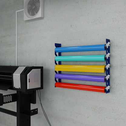 Blue Aluminum Wall Mounted Vinyl Roll Storage Rack with White V-Bracket ABS Plastic Swivel Arm – Holds 5 Vinyl Rolls, Space-Saving Organizer for Studios & Print Shops