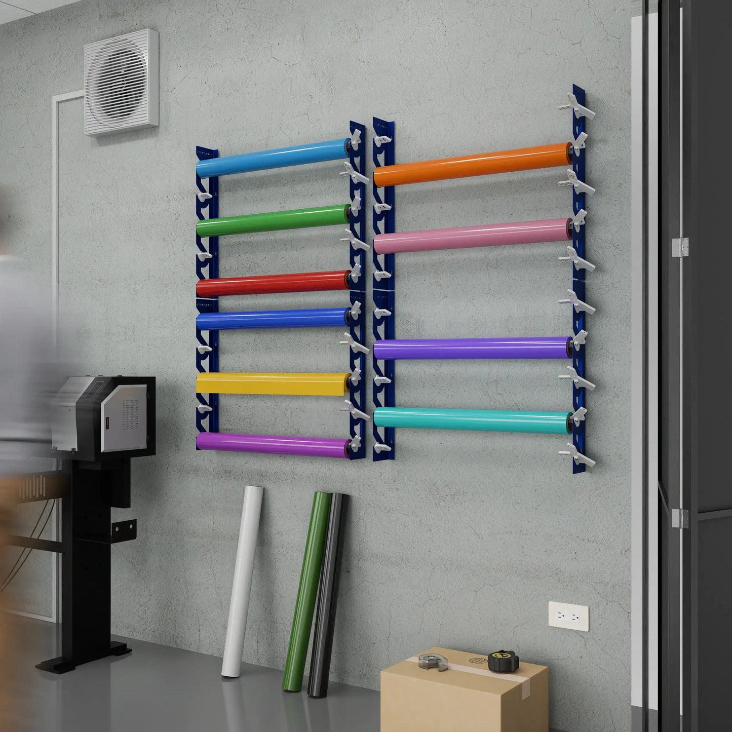 Blue Aluminum Wall Mounted Vinyl Roll Storage Rack with White V-Bracket ABS Plastic Swivel Arm – Holds 5 Vinyl Rolls, Space-Saving Organizer for Studios & Print Shops