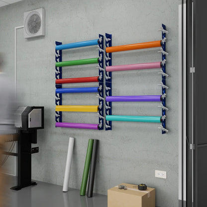 Blue Aluminum Wall Mounted Vinyl Roll Storage Rack with White V-Bracket ABS Plastic Swivel Arm – Holds 5 Vinyl Rolls, Space-Saving Organizer for Studios & Print Shops