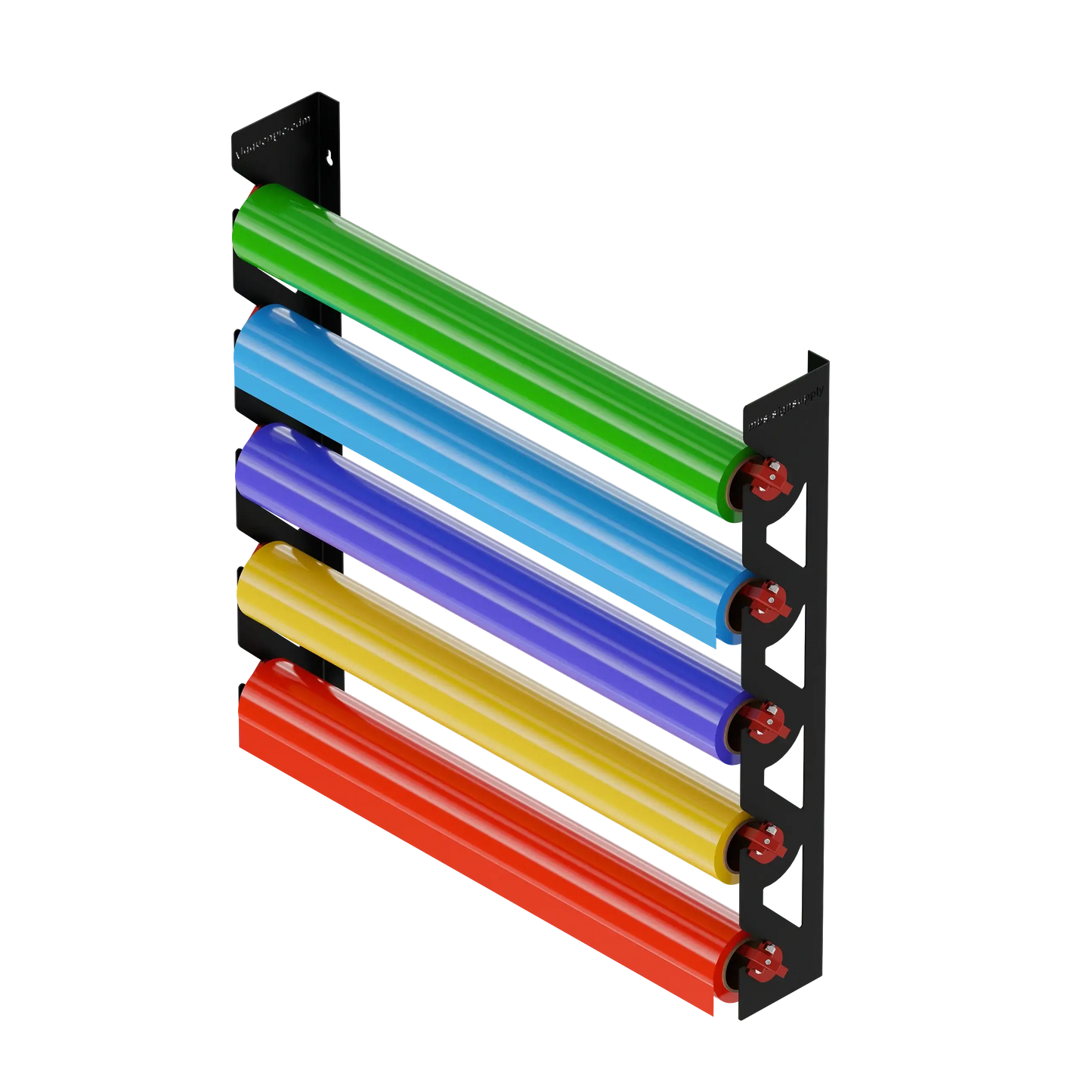 Black Aluminum Wall Mounted Vinyl Roll Storage Rack with Red V-Bracket ABS Plastic Swivel Arm – Holds 5 Vinyl Rolls, Space-Saving Organizer for Studios & Print Shops