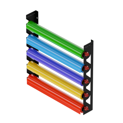Black Aluminum Wall Mounted Vinyl Roll Storage Rack with Red V-Bracket ABS Plastic Swivel Arm – Holds 5 Vinyl Rolls, Space-Saving Organizer for Studios & Print Shops