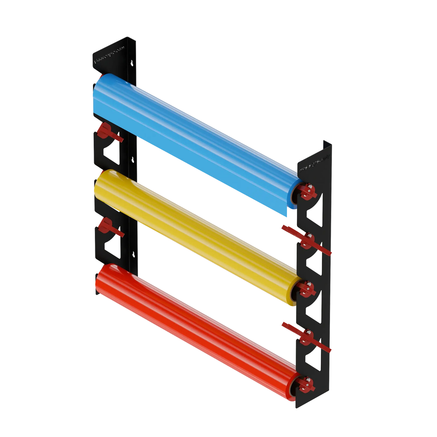 Black Aluminum Wall Mounted Vinyl Roll Storage Rack with Red V-Bracket ABS Plastic Swivel Arm – Holds 5 Vinyl Rolls, Space-Saving Organizer for Studios & Print Shops