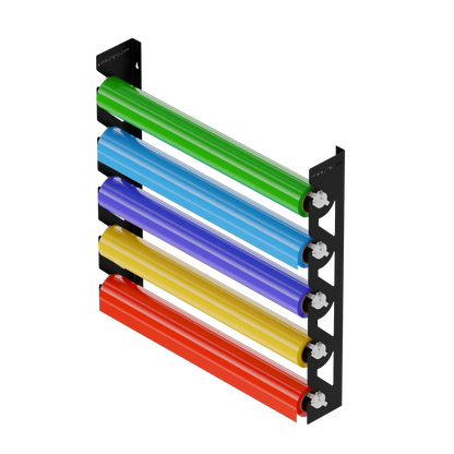 Black Aluminum Wall Mounted Vinyl Roll Storage Rack with White V-Bracket ABS Plastic Swivel Arm – Holds 5 Vinyl Rolls, Space-Saving Organizer for Studios & Print Shops
