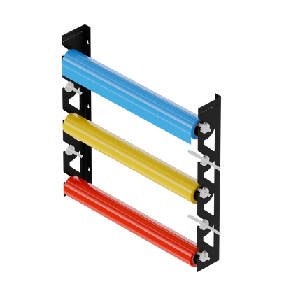 Black Aluminum Wall Mounted Vinyl Roll Storage Rack with White V-Bracket ABS Plastic Swivel Arm – Holds 5 Vinyl Rolls, Space-Saving Organizer for Studios & Print Shops