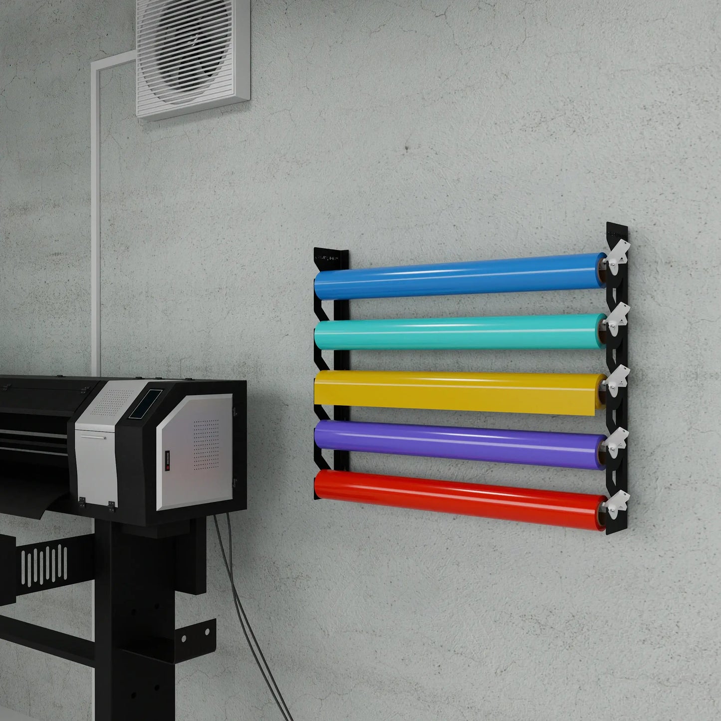 Black Aluminum Wall Mounted Vinyl Roll Storage Rack with White V-Bracket ABS Plastic Swivel Arm – Holds 5 Vinyl Rolls, Space-Saving Organizer for Studios & Print Shops