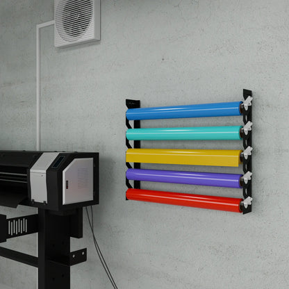 Black Aluminum Wall Mounted Vinyl Roll Storage Rack with White V-Bracket ABS Plastic Swivel Arm – Holds 5 Vinyl Rolls, Space-Saving Organizer for Studios & Print Shops