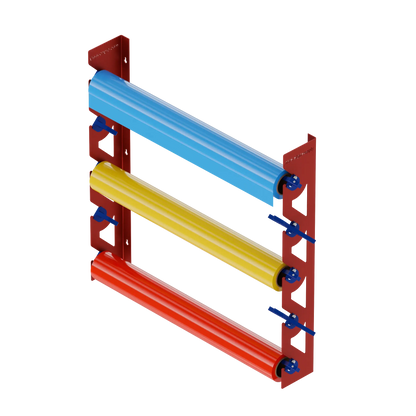 Red Aluminum Wall Mounted Vinyl Roll Storage Rack with Blue V-Bracket ABS Plastic Swivel Arm – Holds 5 Vinyl Rolls, Space-Saving Organizer for Studios & Print Shops