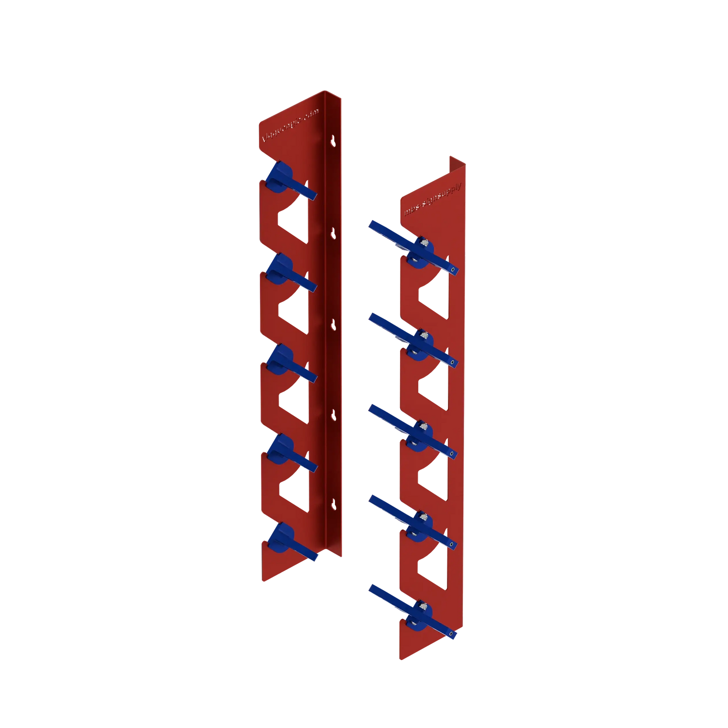 Red Aluminum Wall Mounted Vinyl Roll Storage Rack with Blue V-Bracket ABS Plastic Swivel Arm – Holds 5 Vinyl Rolls, Space-Saving Organizer for Studios & Print Shops