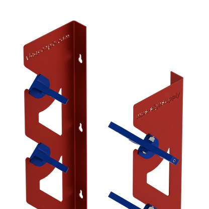 Red Aluminum Wall Mounted Vinyl Roll Storage Rack with Blue V-Bracket ABS Plastic Swivel Arm – Holds 5 Vinyl Rolls, Space-Saving Organizer for Studios & Print Shops