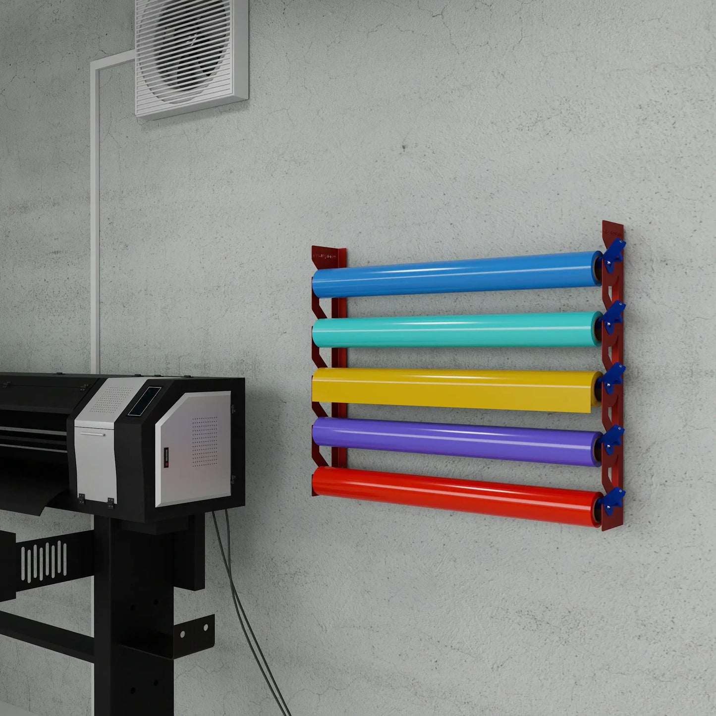 Red Aluminum Wall Mounted Vinyl Roll Storage Rack with Blue V-Bracket ABS Plastic Swivel Arm – Holds 5 Vinyl Rolls, Space-Saving Organizer for Studios & Print Shops