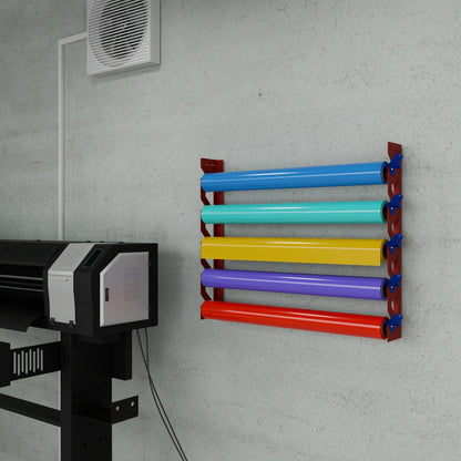 Red Aluminum Wall Mounted Vinyl Roll Storage Rack with Blue V-Bracket ABS Plastic Swivel Arm – Holds 5 Vinyl Rolls, Space-Saving Organizer for Studios & Print Shops