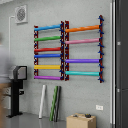 Red Aluminum Wall Mounted Vinyl Roll Storage Rack with Blue V-Bracket ABS Plastic Swivel Arm – Holds 5 Vinyl Rolls, Space-Saving Organizer for Studios & Print Shops