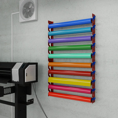 Red Aluminum Wall Mounted Vinyl Roll Storage Rack with Blue V-Bracket ABS Plastic Swivel Arm – Holds 5 Vinyl Rolls, Space-Saving Organizer for Studios & Print Shops