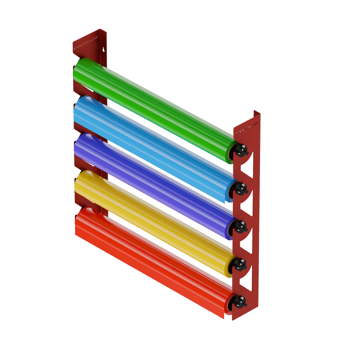 Red Aluminum Wall Mounted Vinyl Roll Storage Rack with Black V-Bracket ABS Plastic Swivel Arm – Holds 5 Vinyl Rolls, Space-Saving Organizer for Studios & Print Shops