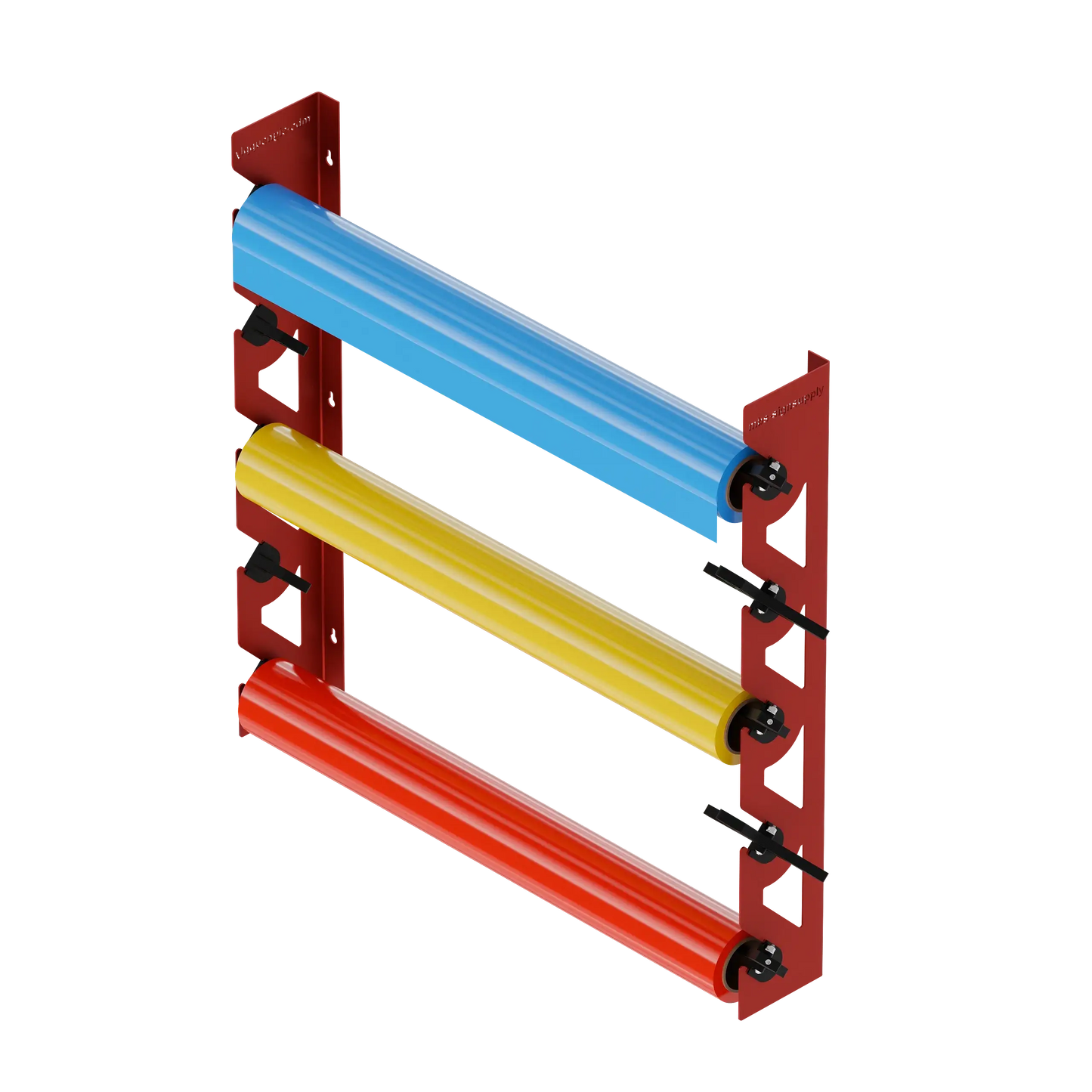 Red Aluminum Wall Mounted Vinyl Roll Storage Rack with Black V-Bracket ABS Plastic Swivel Arm – Holds 5 Vinyl Rolls, Space-Saving Organizer for Studios & Print Shops