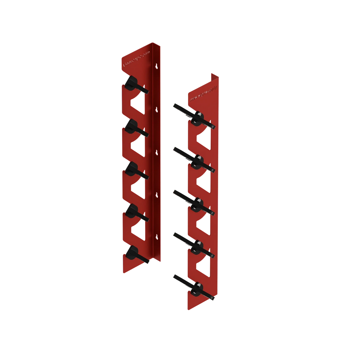Red Aluminum Wall Mounted Vinyl Roll Storage Rack with Black V-Bracket ABS Plastic Swivel Arm – Holds 5 Vinyl Rolls, Space-Saving Organizer for Studios & Print Shops
