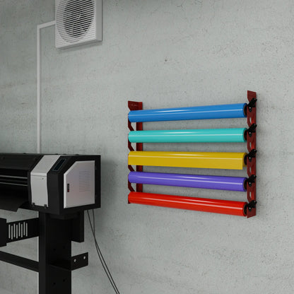 Red Aluminum Wall Mounted Vinyl Roll Storage Rack with Black V-Bracket ABS Plastic Swivel Arm – Holds 5 Vinyl Rolls, Space-Saving Organizer for Studios & Print Shops