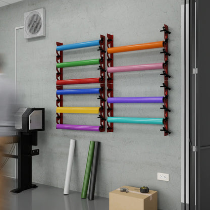 Red Aluminum Wall Mounted Vinyl Roll Storage Rack with Black V-Bracket ABS Plastic Swivel Arm – Holds 5 Vinyl Rolls, Space-Saving Organizer for Studios & Print Shops