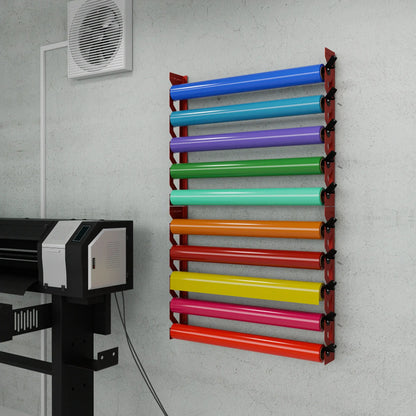 Red Aluminum Wall Mounted Vinyl Roll Storage Rack with Black V-Bracket ABS Plastic Swivel Arm – Holds 5 Vinyl Rolls, Space-Saving Organizer for Studios & Print Shops
