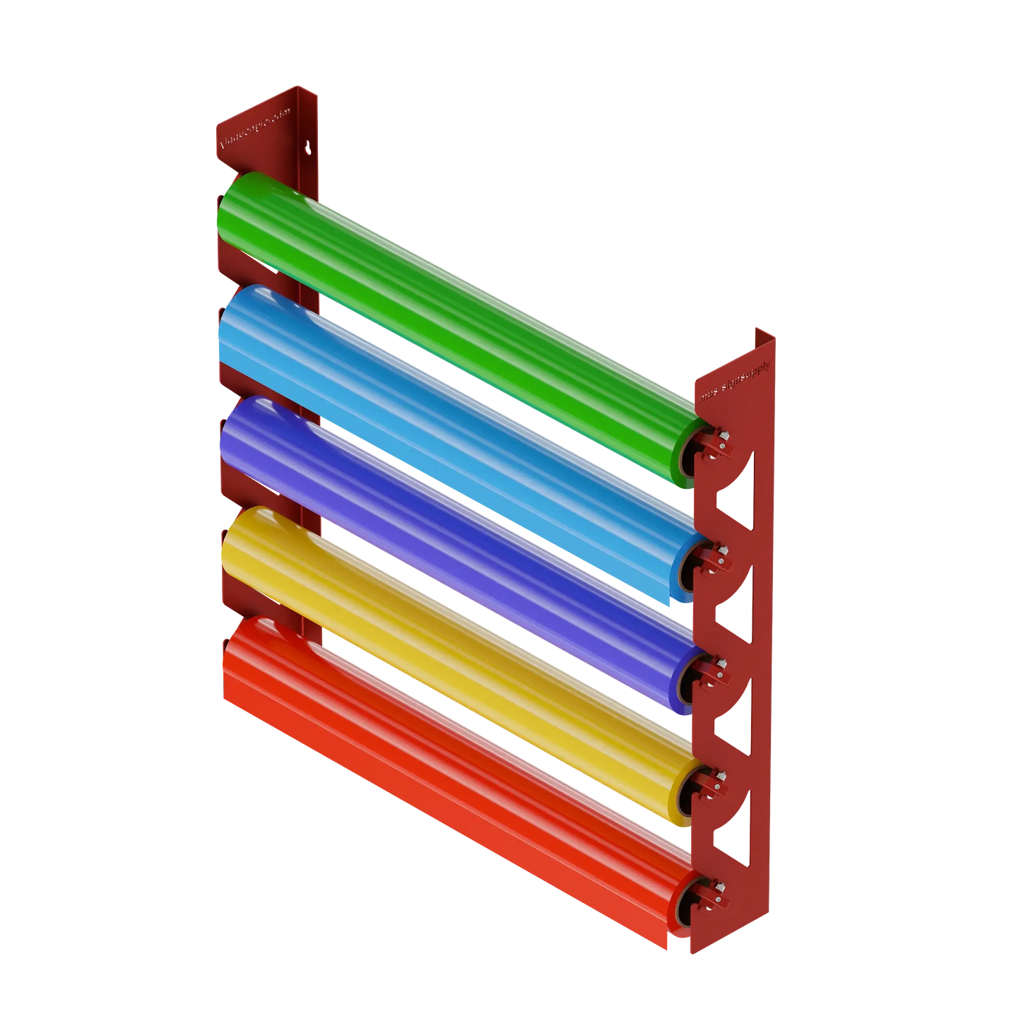 Red Aluminum Wall Mounted Vinyl Roll Storage Rack with Red V-Bracket ABS Plastic Swivel Arm – Holds 5 Vinyl Rolls, Space-Saving Organizer for Studios & Print Shops