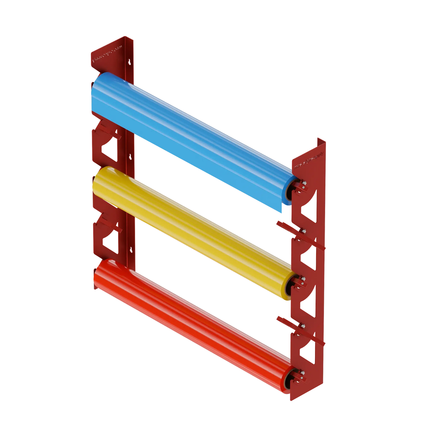 Red Aluminum Wall Mounted Vinyl Roll Storage Rack with Red V-Bracket ABS Plastic Swivel Arm – Holds 5 Vinyl Rolls, Space-Saving Organizer for Studios & Print Shops