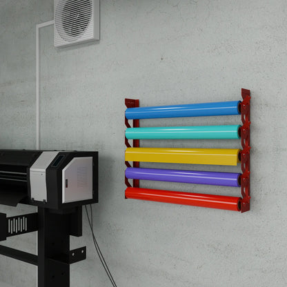Red Aluminum Wall Mounted Vinyl Roll Storage Rack with Red V-Bracket ABS Plastic Swivel Arm – Holds 5 Vinyl Rolls, Space-Saving Organizer for Studios & Print Shops