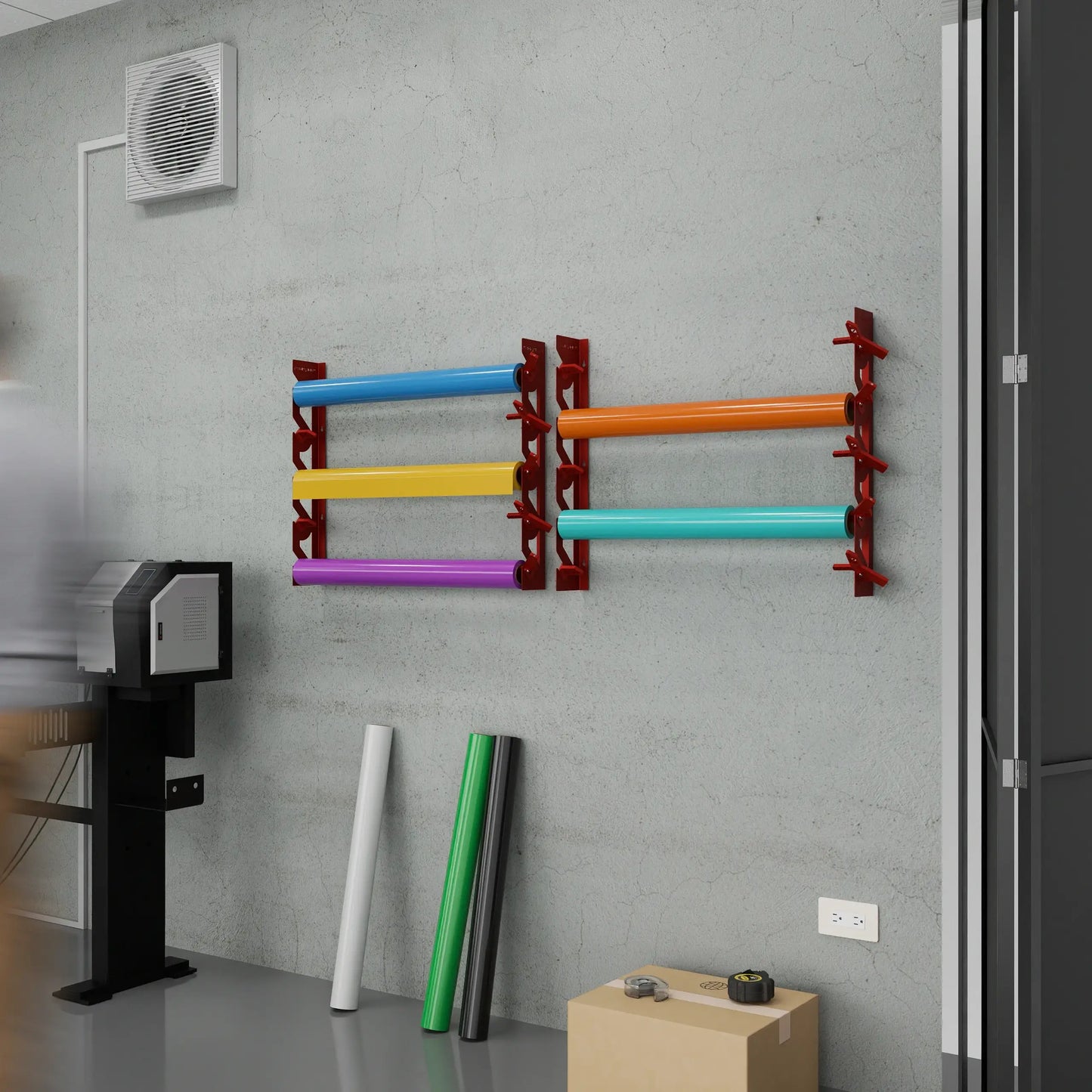 Red Aluminum Wall Mounted Vinyl Roll Storage Rack with Red V-Bracket ABS Plastic Swivel Arm – Holds 5 Vinyl Rolls, Space-Saving Organizer for Studios & Print Shops