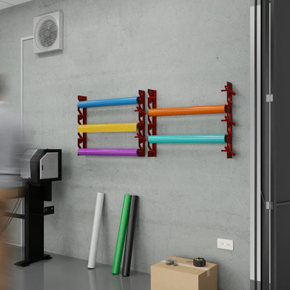Red Aluminum Wall Mounted Vinyl Roll Storage Rack with Red V-Bracket ABS Plastic Swivel Arm – Holds 5 Vinyl Rolls, Space-Saving Organizer for Studios & Print Shops