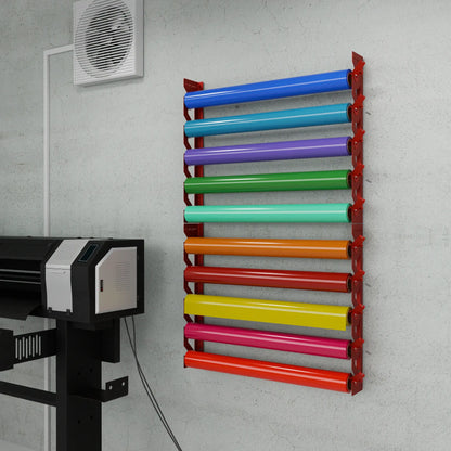 Red Aluminum Wall Mounted Vinyl Roll Storage Rack with Red V-Bracket ABS Plastic Swivel Arm – Holds 5 Vinyl Rolls, Space-Saving Organizer for Studios & Print Shops