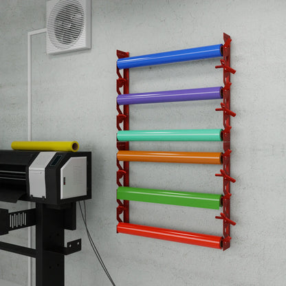 Red Aluminum Wall Mounted Vinyl Roll Storage Rack with Red V-Bracket ABS Plastic Swivel Arm – Holds 5 Vinyl Rolls, Space-Saving Organizer for Studios & Print Shops