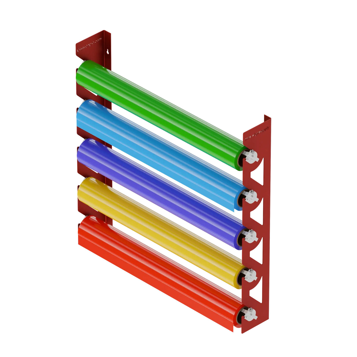 Red Aluminum Wall Mounted Vinyl Roll Storage Rack with White V-Bracket ABS Plastic Swivel Arm – Holds 5 Vinyl Rolls, Space-Saving Organizer for Studios & Print Shops