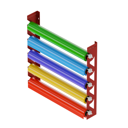 Red Aluminum Wall Mounted Vinyl Roll Storage Rack with White V-Bracket ABS Plastic Swivel Arm – Holds 5 Vinyl Rolls, Space-Saving Organizer for Studios & Print Shops