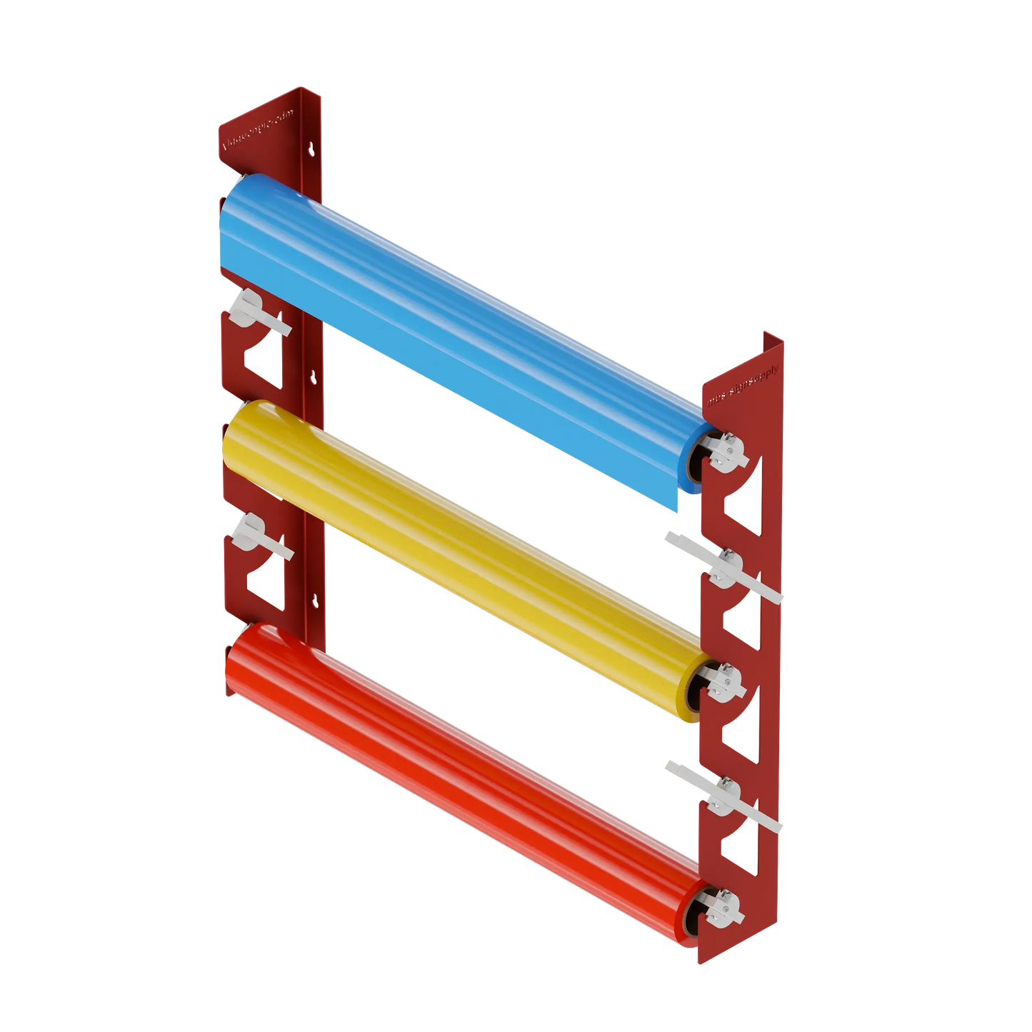 Red Aluminum Wall Mounted Vinyl Roll Storage Rack with White V-Bracket ABS Plastic Swivel Arm – Holds 5 Vinyl Rolls, Space-Saving Organizer for Studios & Print Shops