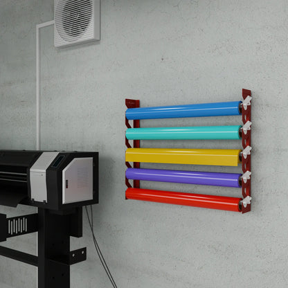 Red Aluminum Wall Mounted Vinyl Roll Storage Rack with White V-Bracket ABS Plastic Swivel Arm – Holds 5 Vinyl Rolls, Space-Saving Organizer for Studios & Print Shops