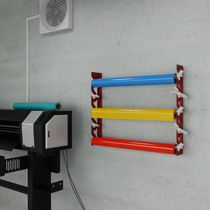 Red Aluminum Wall Mounted Vinyl Roll Storage Rack with White V-Bracket ABS Plastic Swivel Arm – Holds 5 Vinyl Rolls, Space-Saving Organizer for Studios & Print Shops