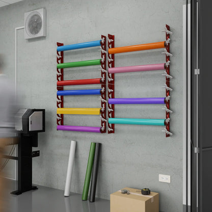 Red Aluminum Wall Mounted Vinyl Roll Storage Rack with White V-Bracket ABS Plastic Swivel Arm – Holds 5 Vinyl Rolls, Space-Saving Organizer for Studios & Print Shops