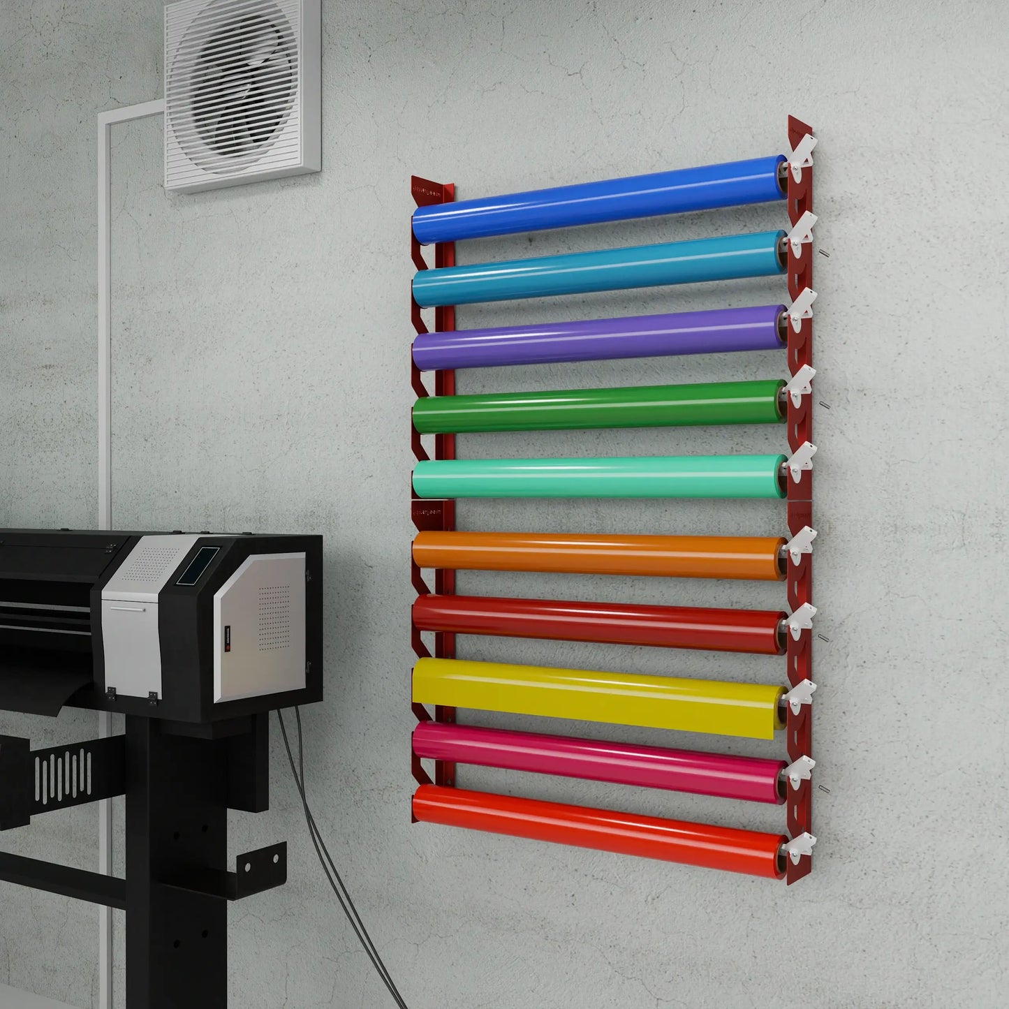 Red Aluminum Wall Mounted Vinyl Roll Storage Rack with White V-Bracket ABS Plastic Swivel Arm – Holds 5 Vinyl Rolls, Space-Saving Organizer for Studios & Print Shops