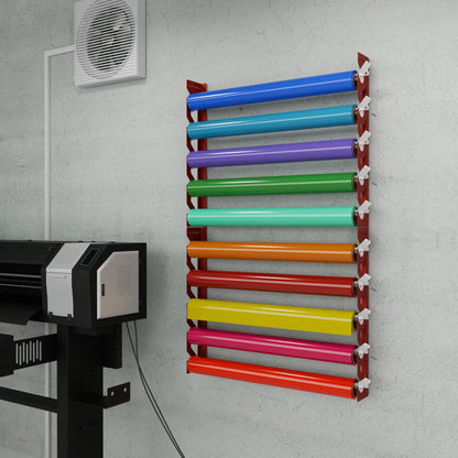 Red Aluminum Wall Mounted Vinyl Roll Storage Rack with White V-Bracket ABS Plastic Swivel Arm – Holds 5 Vinyl Rolls, Space-Saving Organizer for Studios & Print Shops
